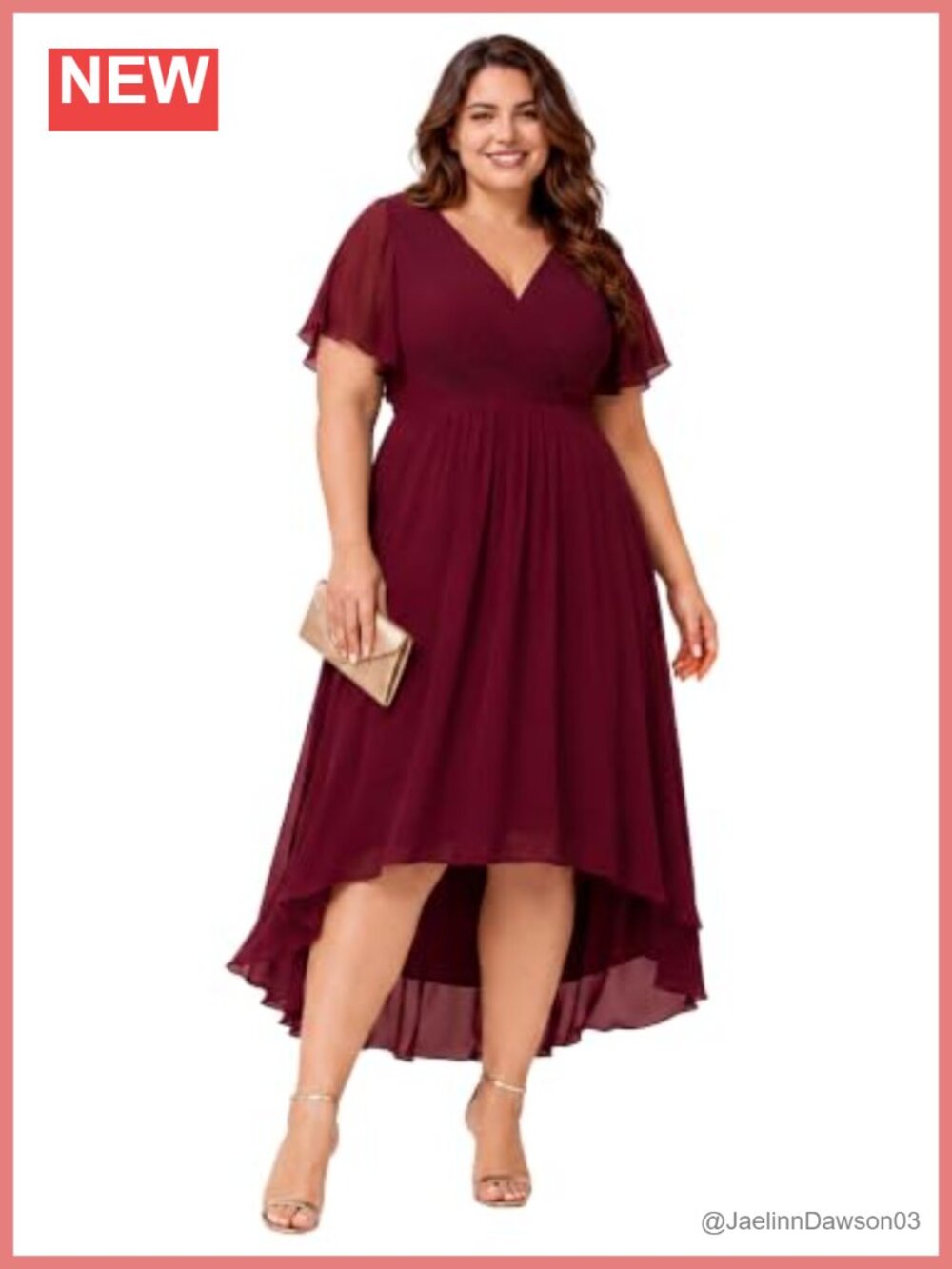 Plus Size High Low Cocktail Dress Ruffled Sleeve Chiffon